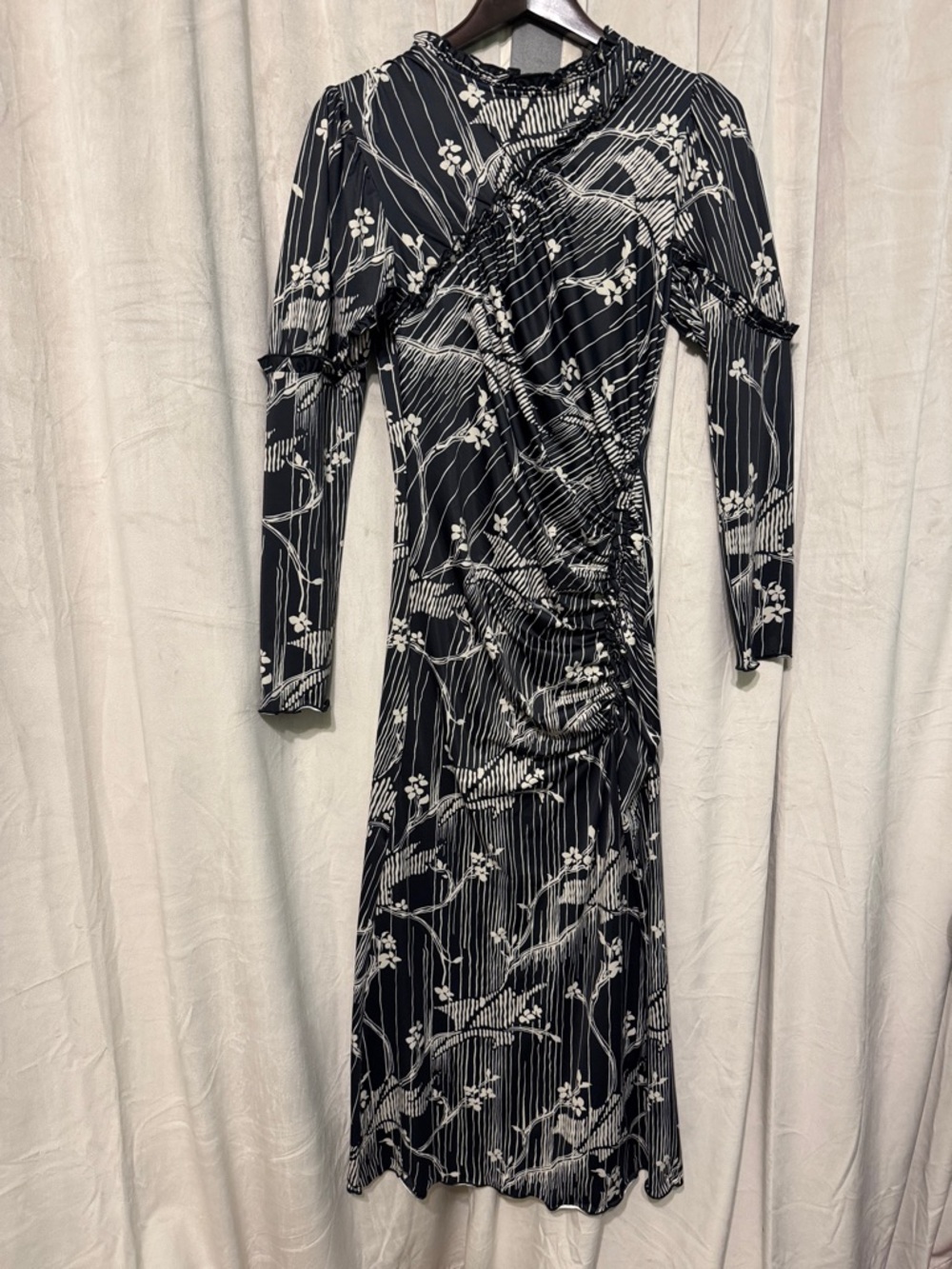 Sea New York Black and White Floral Ruched Wrap Long Sleeve Dress